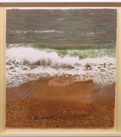 Fragments - 2013<br /><br /><h6>Cornwall: Wave 1</h6>  Mixed Media (Artistâ€™s own photography, printed, acrylic paint, pebbles. Framed) <br /> 820mm x 880mm H <br /><br /><br /><br /><br /><br /><br /><h7>Sold</h7>